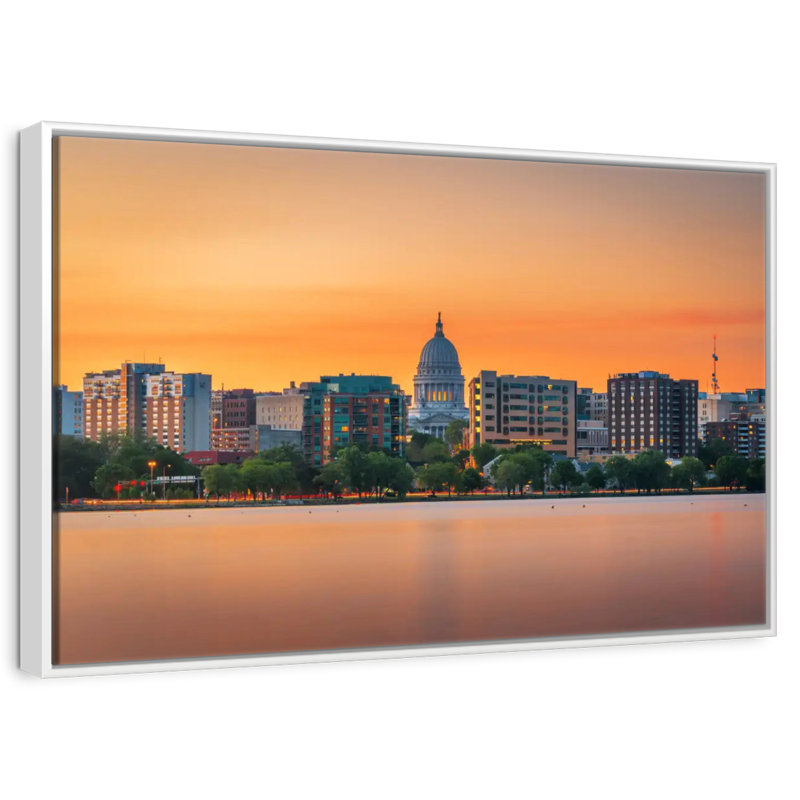 Madison Wisconsin At Sunset, Floating Frame White, 25" X 17"