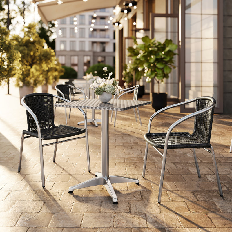 Verl Square Aluminum Indoor-Outdoor Table Set with 2 Rattan Chairs, Black, 27.25" H x 23.5" W x 23.5" D