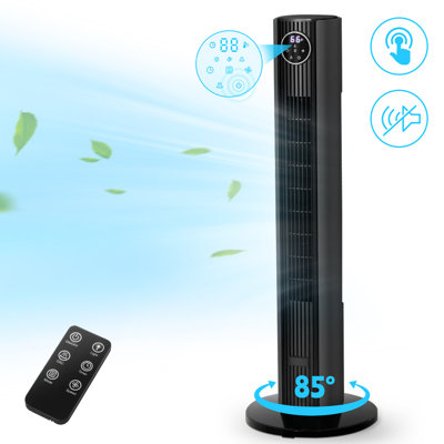 Ventilateur de tour 35 po pour la maison, ventilateur de tour oscillant à 85 °, 4 modes et ventilateur de plancher sur pied à 3 vitesses avec minuterie 12H, conception sans pales et sécuritaire pour la famille avec télécommande, (mélange noir et bl