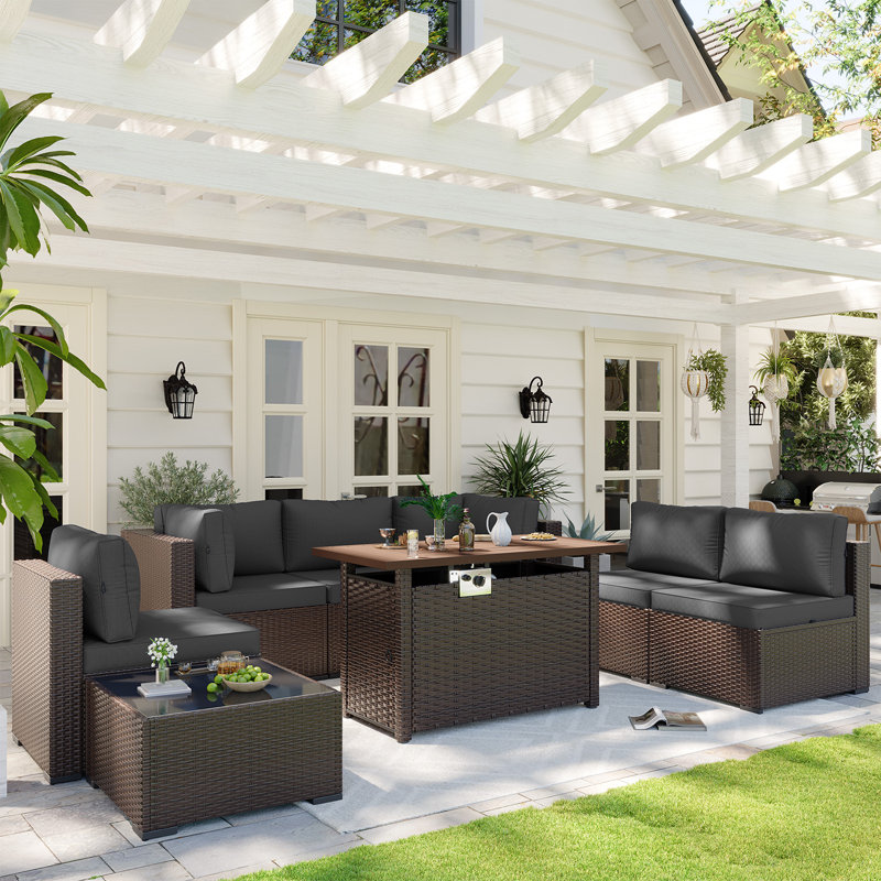 Caradog Wicker 6 - Person Patio Conversation Sets with Cushions, Coffee Table and 44" Fire Pit Table