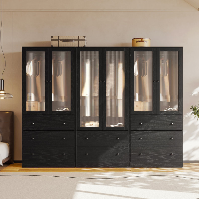 20"D x 94.5"W x 71"H Modern Armoire With Soft-Close Doors — Fluted Glass Wardrobe Closet With Shelves & Drawers