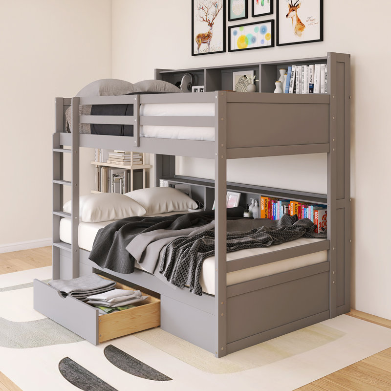 Lit superposé simple au-dessus de simple avec cadre en bois avec tablettes intégrées et tiroir de rangement, Gris