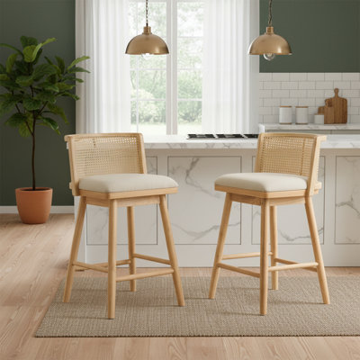 Talia Indoor Rubberwood Counter Stools with Rattan Back, Natural Finish Set of 2