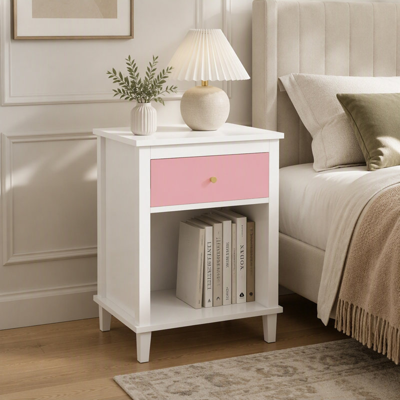 Table de chevet en bois avec un tiroir et une tablette, Pink