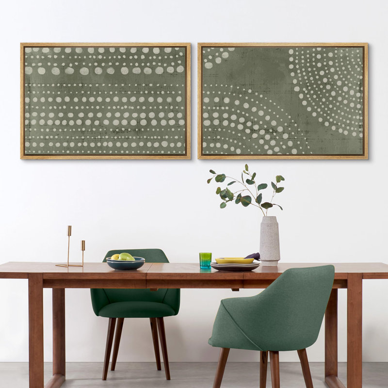 Mid-Century «Olive Green Tones Abstract Modern Dot Matrix Geometric», 2 pièces, Encadré naturel, H 24 po x l 36 po