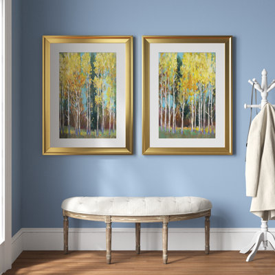 Aspen Grove I - Autumn Aspen Grove Wall Art, Matted and Framed Under Acrylic Glass, Set of 2, Large Living Room Wall Art