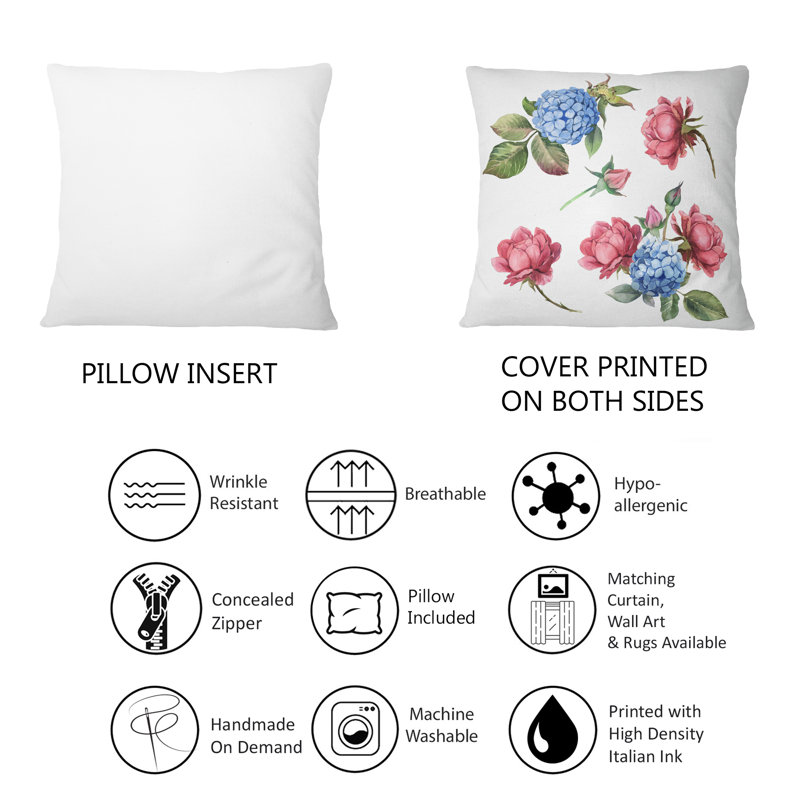 Coussin décoratif imprimé rose traditionnel rose et hortensia bleu avec feuilles 1