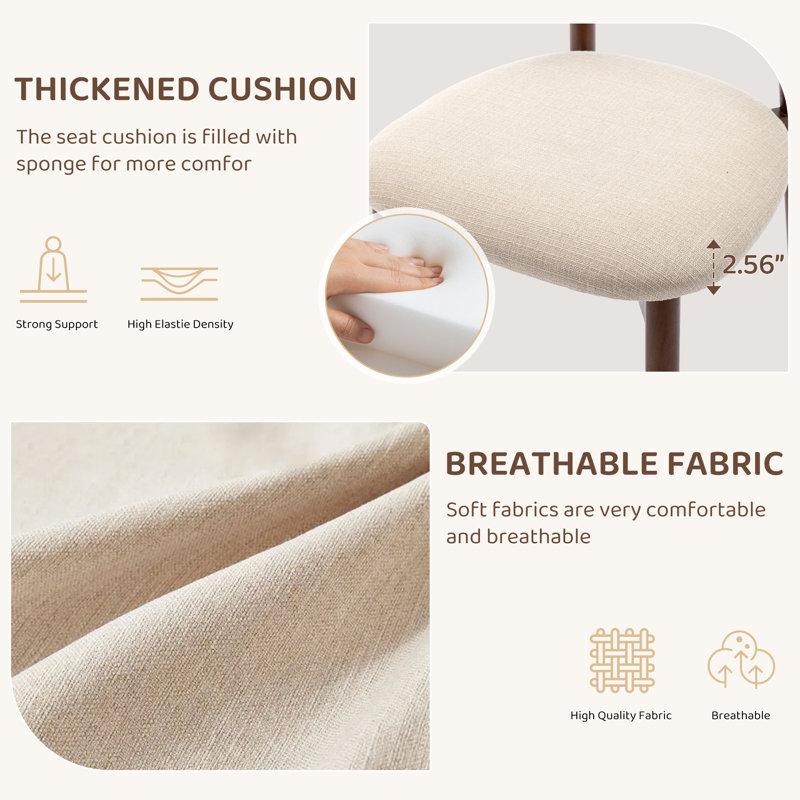  Solid Wood Upholstered Dining Chair - Ergonomic Curved Back, Comfort Fabric, Walnut, Beige Fabric