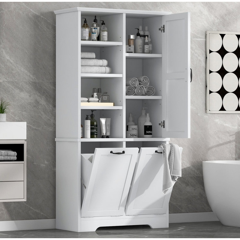 Armoire de rangement autoportante pour salle de bain avec portes et tiroirs - Panier à linge inclinable, tablettes réglables et ouvertes pour une organisation multi-espaces