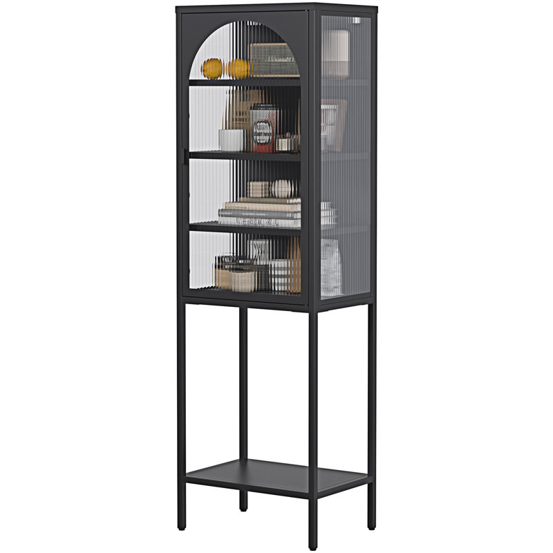 Black Metal and Glass 5-Tier Adjustable Bookshelf Cabinet