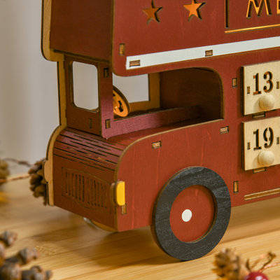 Christmas Advent Calendar, Light Up Wooden Bus Holiday Decoration With Countdown Drawers, Santa Claus Street House