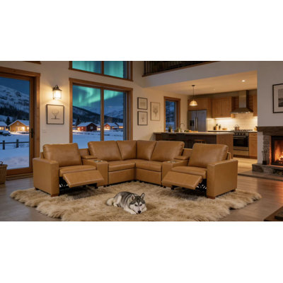 132" W Hudson Recliner Leather-Matched Sectional by Latitude Run