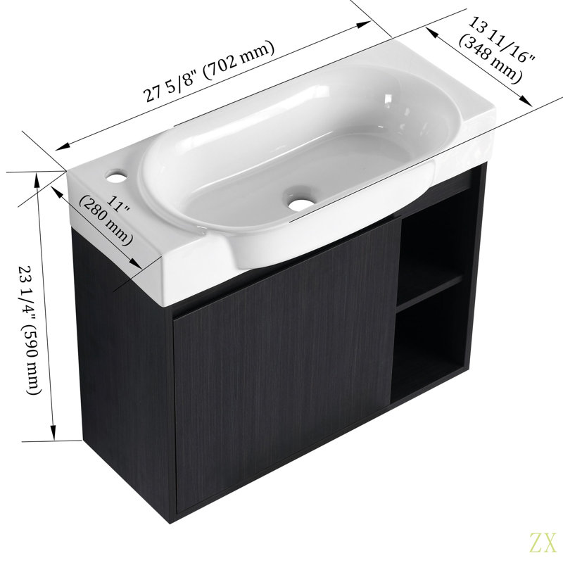 Meuble-lavabo mural 28 po avec lavabo en céramique et porte à fermeture en douceur, emballage KD