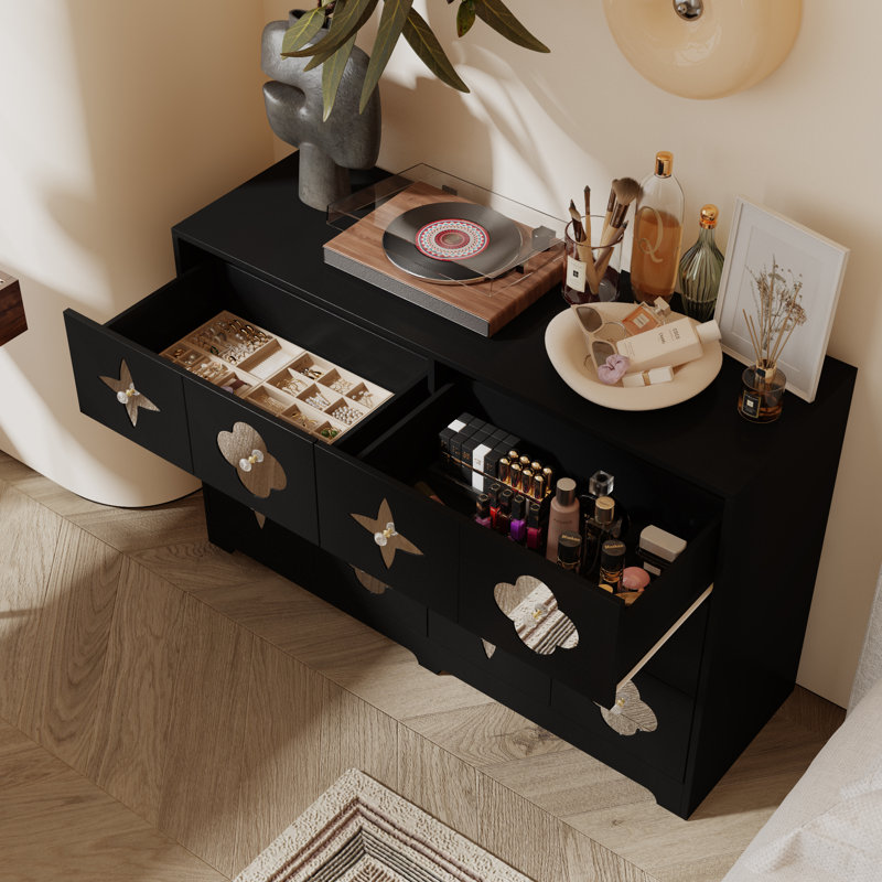 6-Drawer Dresser With Crystal Handle And Black Finish