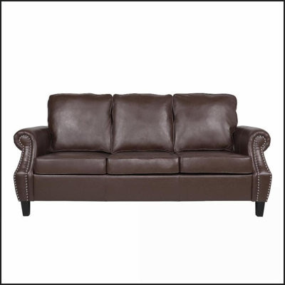 3-Seater Contemporary Faux Leather Sofa | Rolled Arms | Birch Wood Legs | Nailhead Trim – Living Room Ready