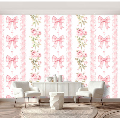 Papier peint adhésif pelez et collez rose avec détails floraux en dentelle et rayures murales blanches H 69 po x l 96 po, papier mural amovible en PVC auto-adhésif pour chambre à coucher, bureau à domicile