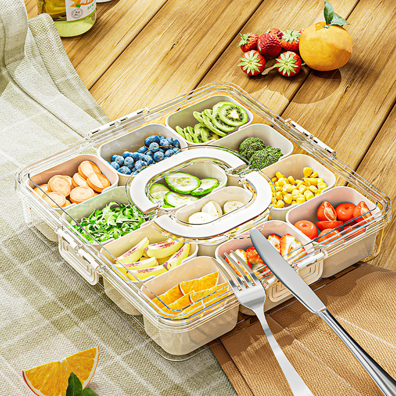 Food Serving Tray Storage Box with Hidden Handle 12 Grids Design Large Capacity Good Sealing