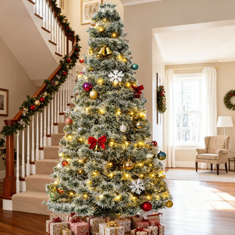 Arbre de Noël artificiel pré-éclairé enneigé, sapin de Noël artificiel à charnières, H 7,5 pi