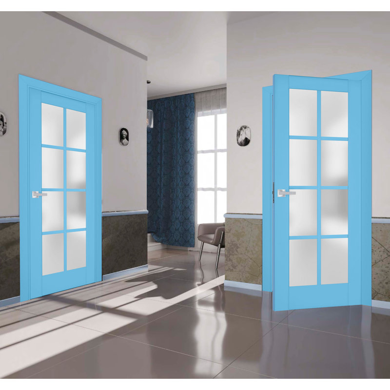 Porte intérieure française pleine prémontée, verre dépoli, Veregio 7412 Aquamarine, panneau simple, cadre, poignées, pour salle de bain ou chambre, portes robustes - 76 cm x 244 cm