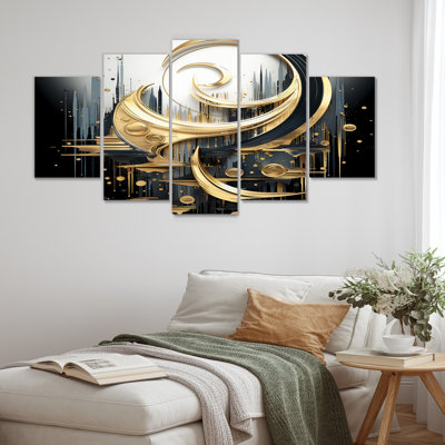 Croissant de lune doré - art mural abstrait en spirale pour le salon, 5 pièces