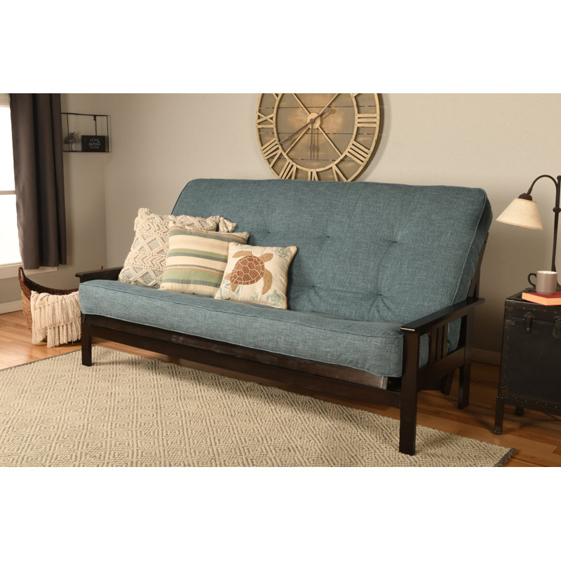Johnte Queen 86" Futon Frame and Mattress, Espresso, Linen Aqua, Premium Pocket Coil