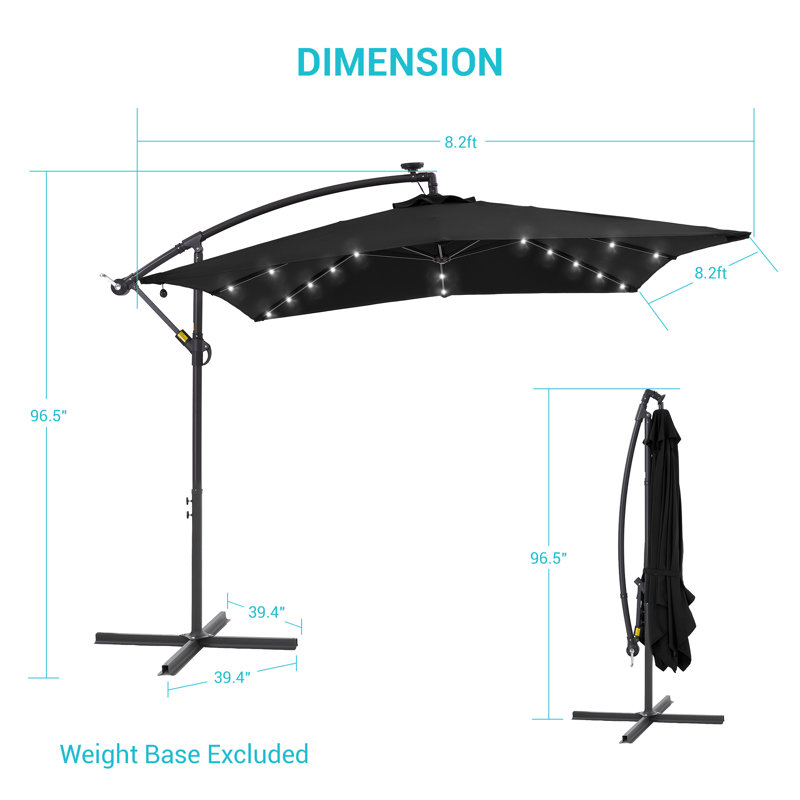 Parasol en porte-à-faux 8,2 pi x 8,2 pi avec lumières solaires Kennard, Noir, noir, noir, noir
