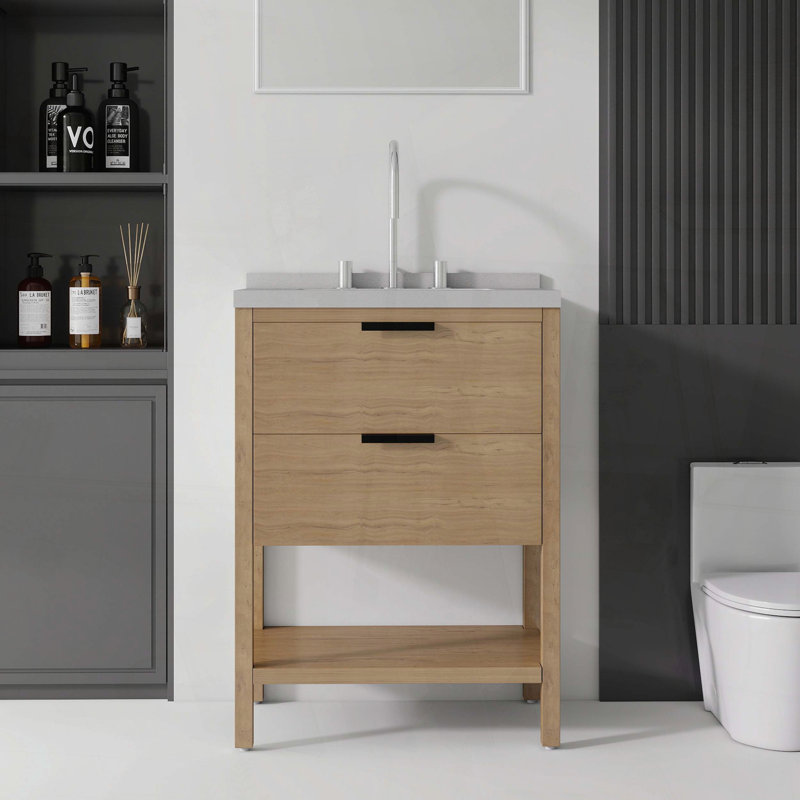 Meuble-lavabo autoportant avec lavabo, tiroir à fermeture amortie et comptoir en marbre reconstitué blanc granit de 5 cm avec dosseret, contreplaqué, chêne