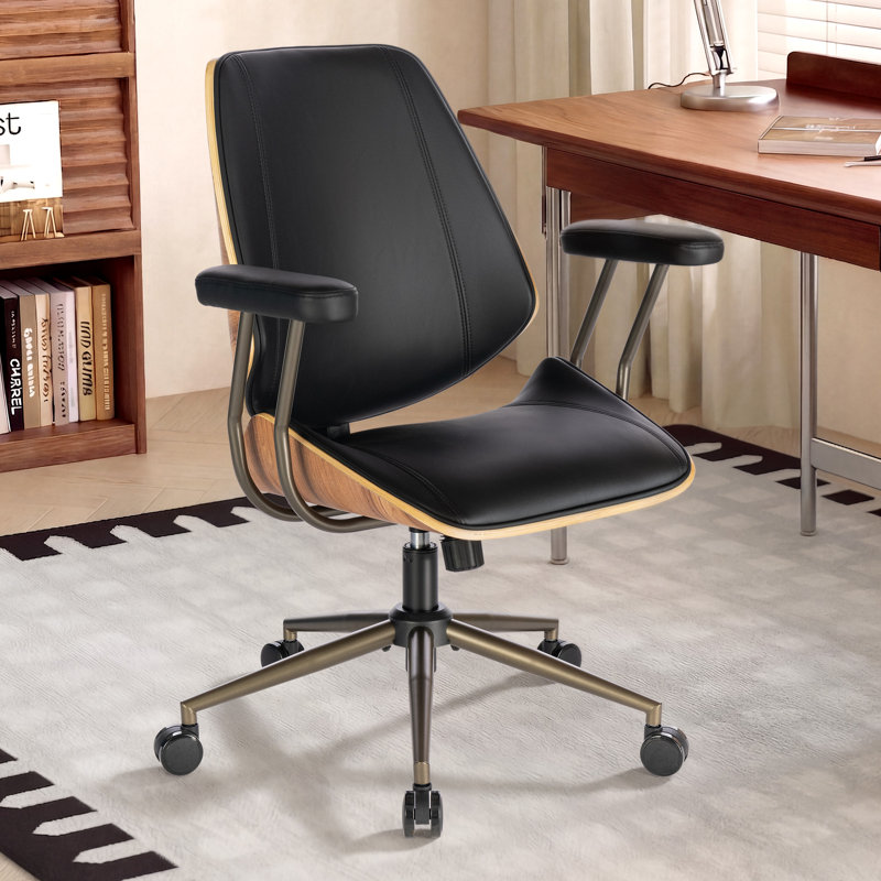 Mid-Century Modern Ergonomic Office Chair with Wood Back, Faux Leather Swivel Desk Chair with Adjustable Height, Black
