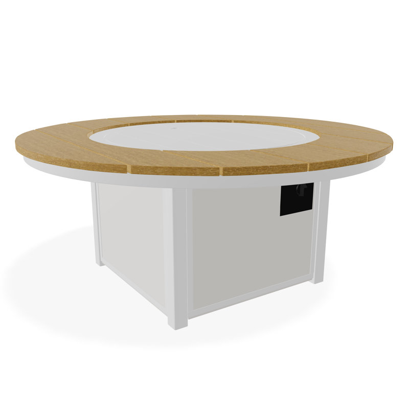 Table de feu 54 po ronde en polymère rustique avec tablette au propane, Blanc / sarcelle