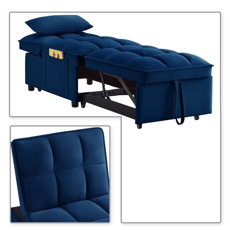 Modren Velvet Upholstered Convertible Futon Chair with Side Storage Pockets, Blue Velvet