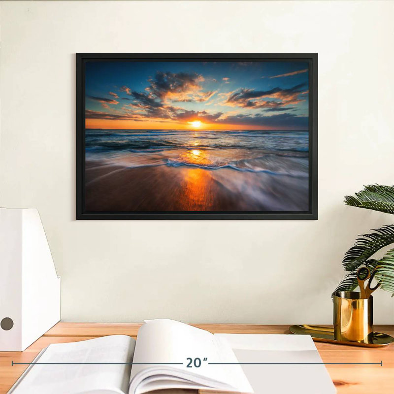 Été, océan, lever de soleil, Cadre flottant noir, 13 po x 9 po