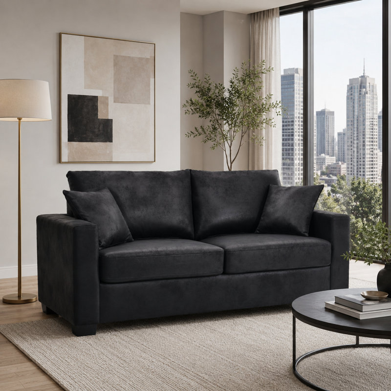 Causeuse en polyester texturé de 69 po de largeur avec 2 coussins décoratifs Solenne, Noir