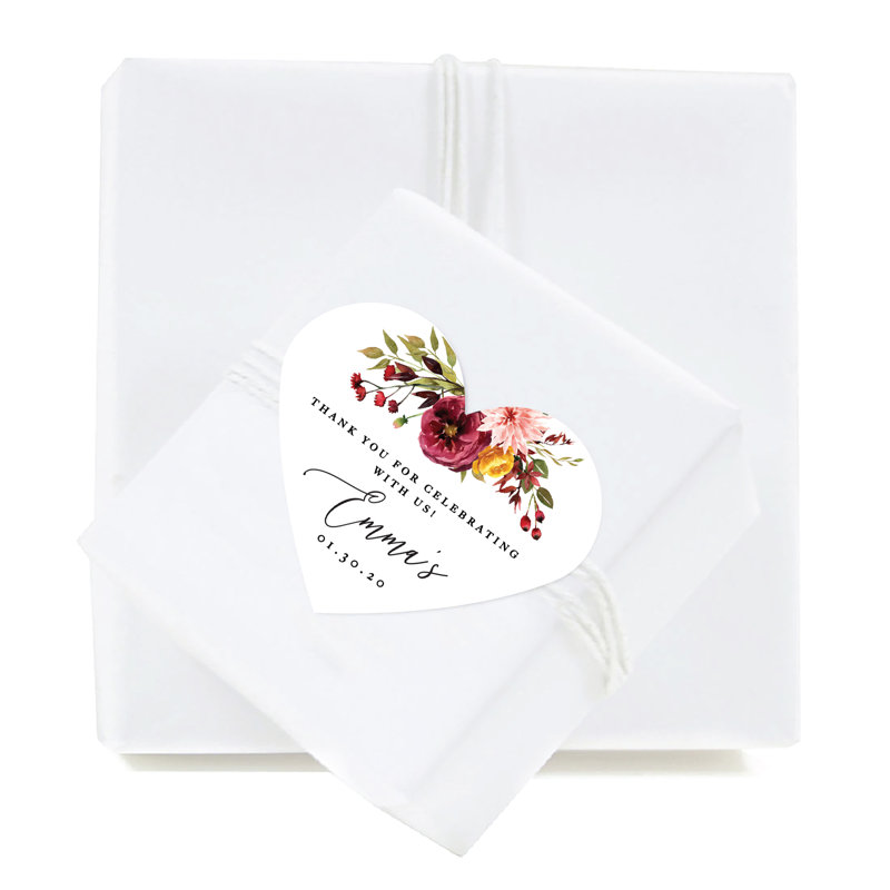 Automne bourgogne, mariage de Marsala, autocollants personnalisés avec étiquette cœur, «Thank You For Celebrating With Us», conception graphique florale de Marsala, paquet de 75