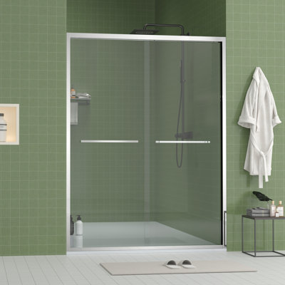 56 - 60" Adjustable Width Finished Sliding Glass Shower Enclosure With 8Mm & Tempered Glass, Double Handle Design, Safe And Worry Environment Hardware Door 5/16"  8Mm  Clear Mute Rollers, Chamfer