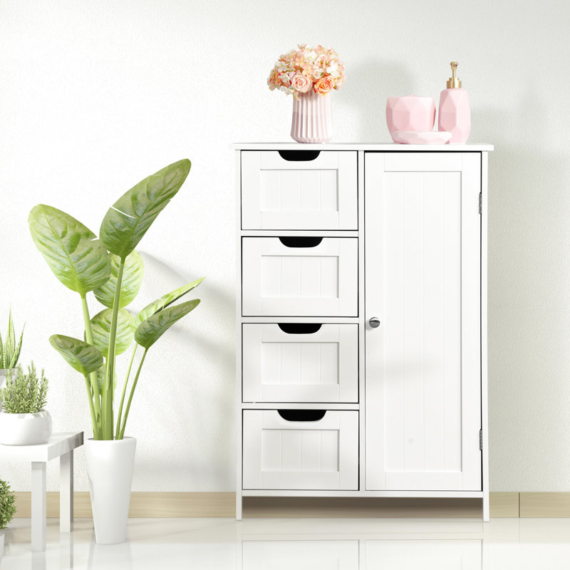 White Bathroom Cabinet With Adjustable Shelf And 4 Slatted Drawers - For Home Use Storage In Drawers,