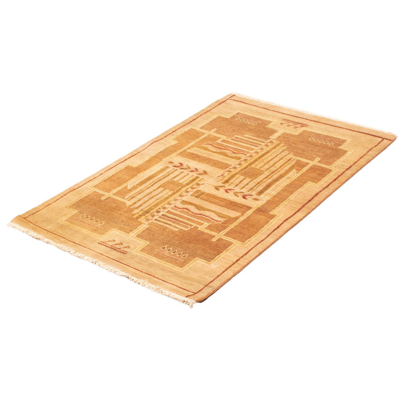 Tapis unique en laine noué à la main beige et brun nouvel âge 4 pi x 6 pi Efrem