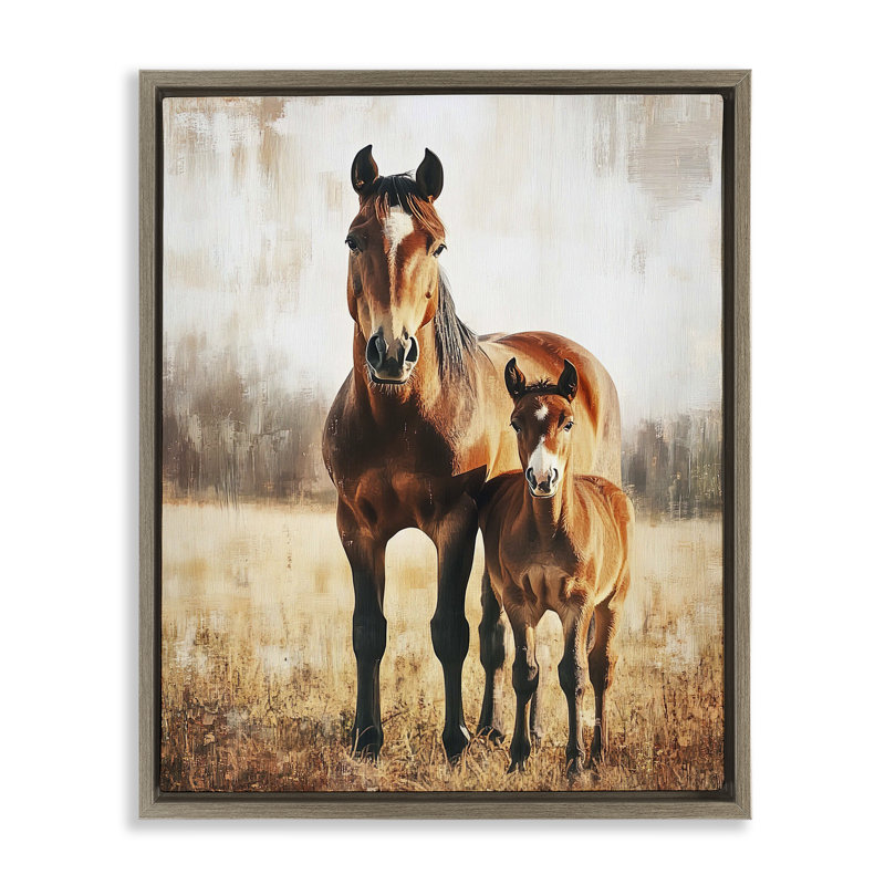 Jument et poulain, art mural sur toile flottante, design par Franklyn Gregory, Cadre flottant orme Montalcino