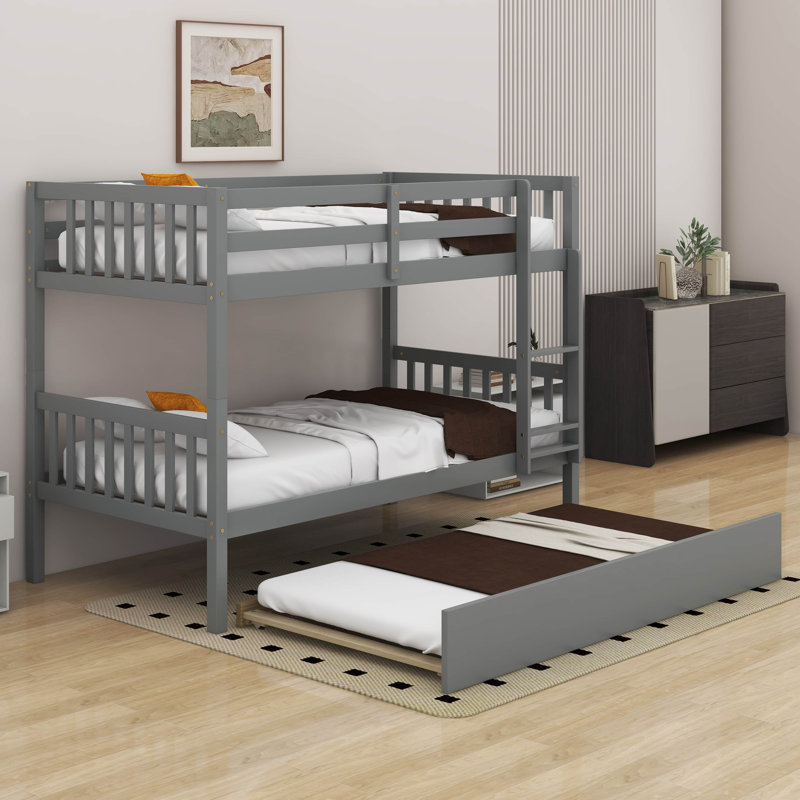  Kamorian Twin Over Twin Rubber Wood Bunk Bed With Trundle, Convertible Into 2 Beds, Gray/Natural