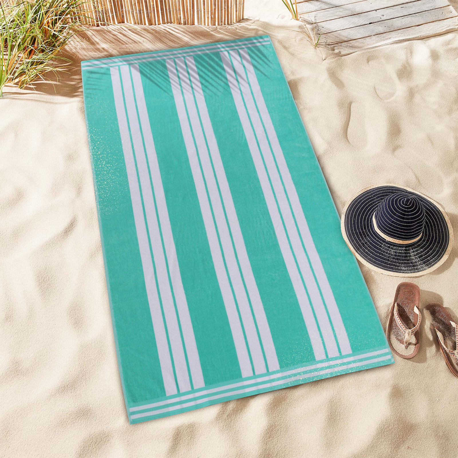 Chira Striped Cotton Beach Towel, Mint, Beach Towel - 1 Pack