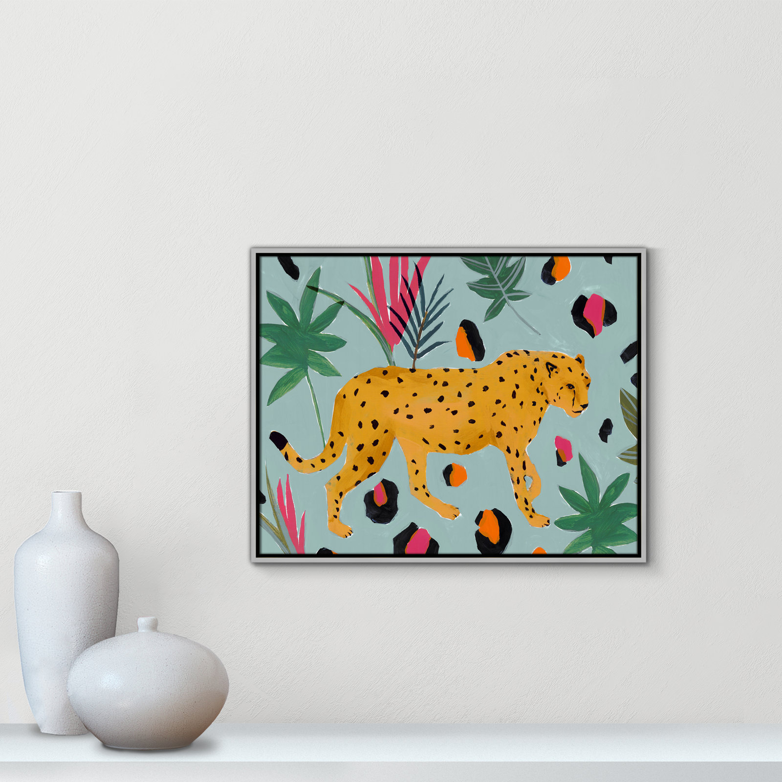 Nyles "Walking Cheetah II" Painting by Isabelle Z, 23.5" H x 29.5" W x 2" D, Silver Framed Canvas