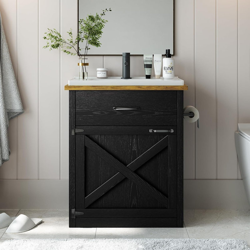 24 Inch Bathroom Vanity with Drawer & Barn Door, Black