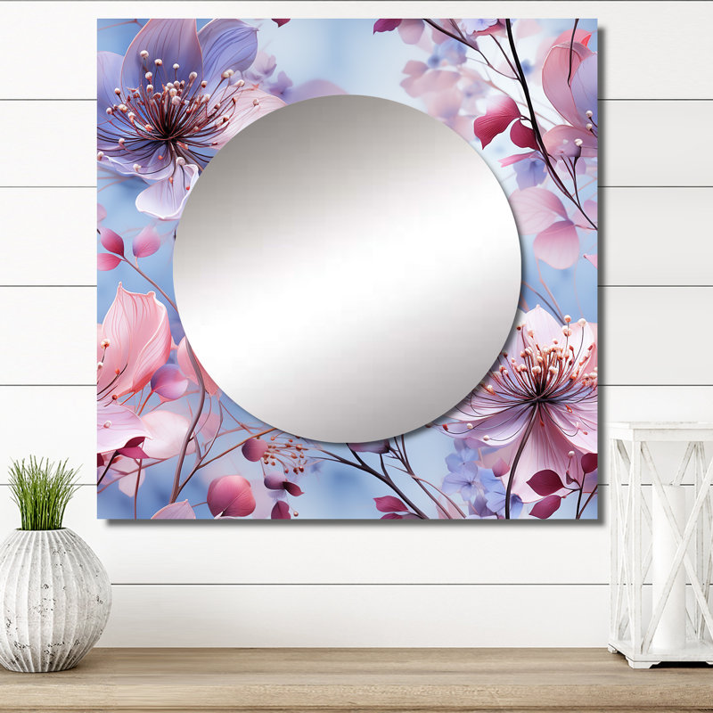 Exquise beauté mauve à motif floral I - Art mural miroir carré floral pour salle de bain, 36 po x 36 po