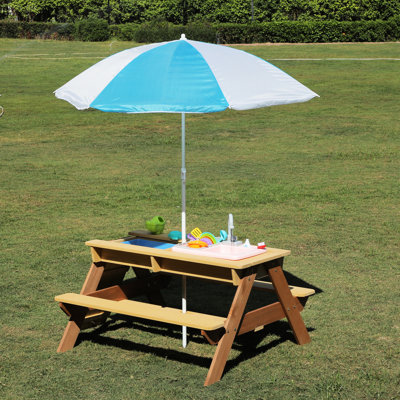 Table de pique-nique et de sable réglable 3 en 1, en bois massif, de couleur rouge brun jaune, idéale pour jouer dans la cour extérieure, assembler 20 25 minutes et table d'eau avec fonction, pliable de 43 po