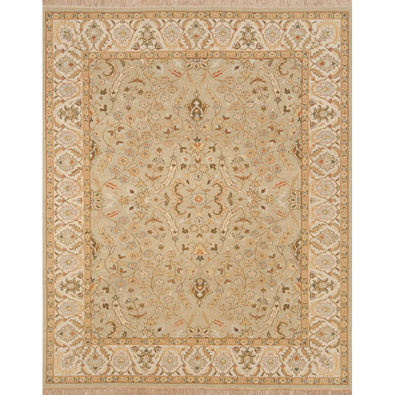 Tapis vert / beige en laine tissé à plat à la main Ravenna Soumak, Rectangle de 6 pi x 9 pi