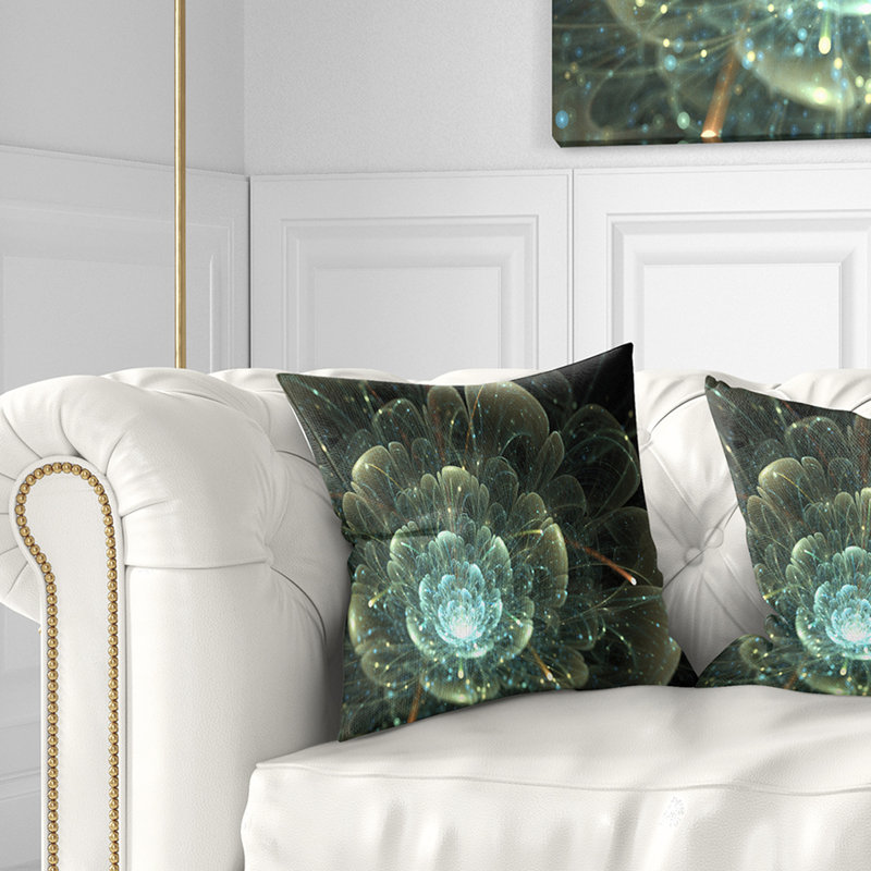 Fleur fractale bleue et grise - coussin à imprimé floral, 16 po x 1 po, Coussin décoratif
