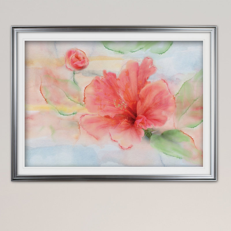 « hibiscus », reproduction de peinture à l’acrylique encadrée, Argent, H 30 po x l 40 po x P 1,5 po