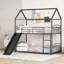 Lit superposé simple au-dessus d'un lit simple en métal noir profond, de style maisonnette avec glissoire pour chambre d'enfant