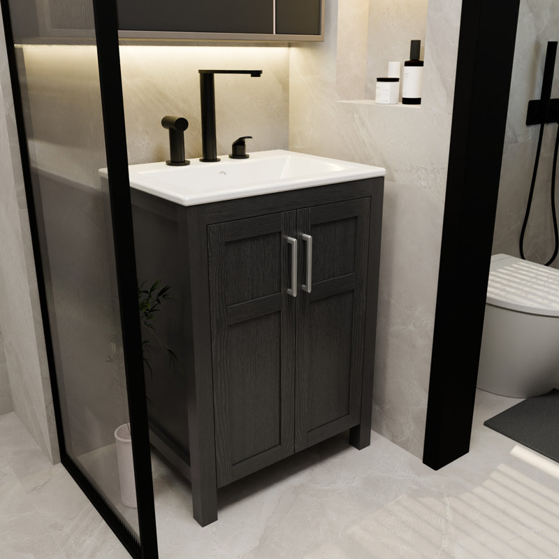 Meuble de salle de bain noir de 61 cm (24 pouces) avec lavabo en céramique blanche. Style moderne, imperméable, finition lisse, résistant aux taches d'eau, bois de 18 mm d'épaisseur, bords scellés, charnières et poignées en acier inoxydable, grand espace de rangement.