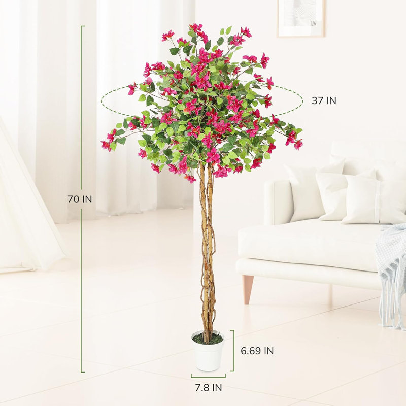 Artificial Bougainvillea Tree with White Pot, 70" H x 7.8" W x 7.8" D