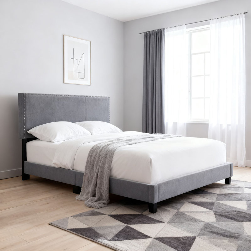Lit plateforme tapissier en lin, gris